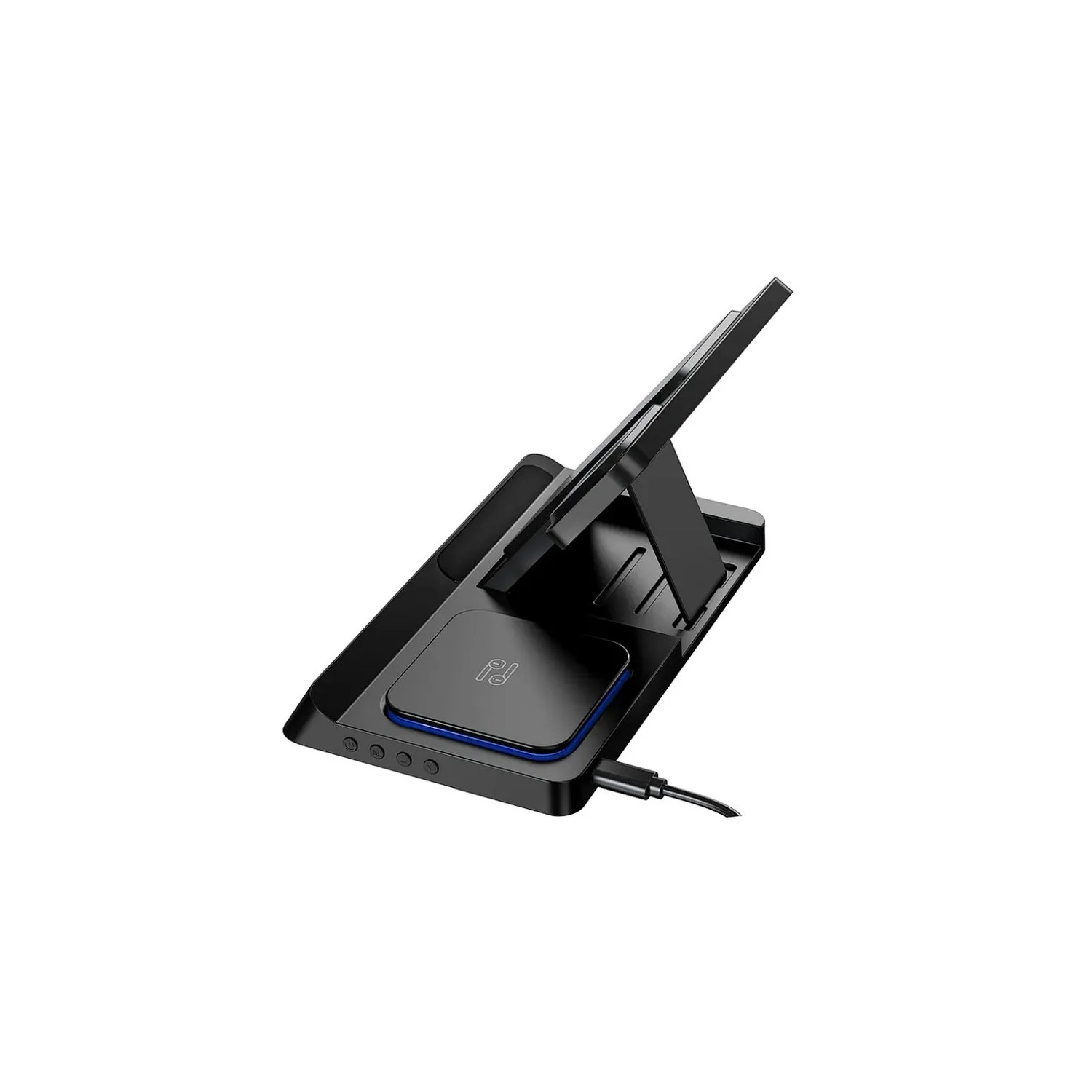 Schwarz-blaue Ladestation für mehrere Geräte, mit Ständer für ein Tablet.
