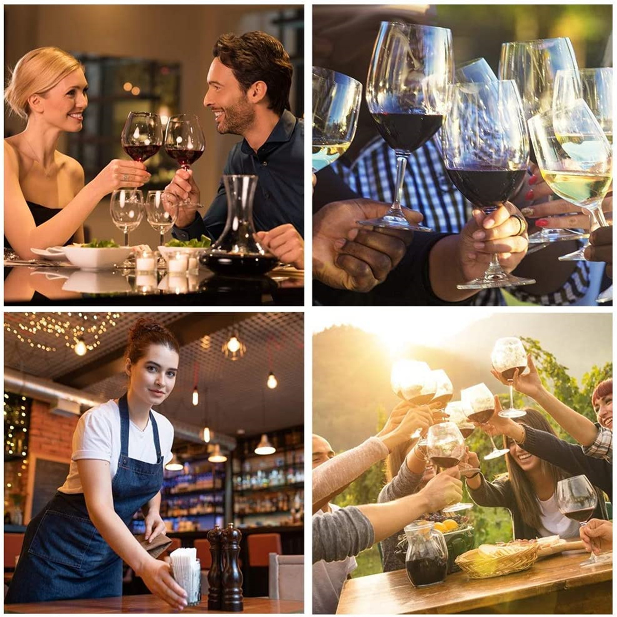 Vier Fotos: Leute stoßen mit Weingläsern an, ein Kellner, eine Frau und ein Mann trinken Wein.