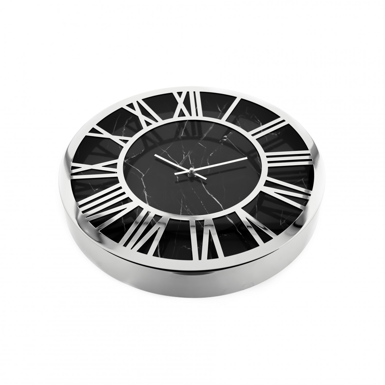 Runde Uhr mit schwarzem marmorähnlichem Zifferblatt, silbernen römischen Ziffern und silbernem Rand.