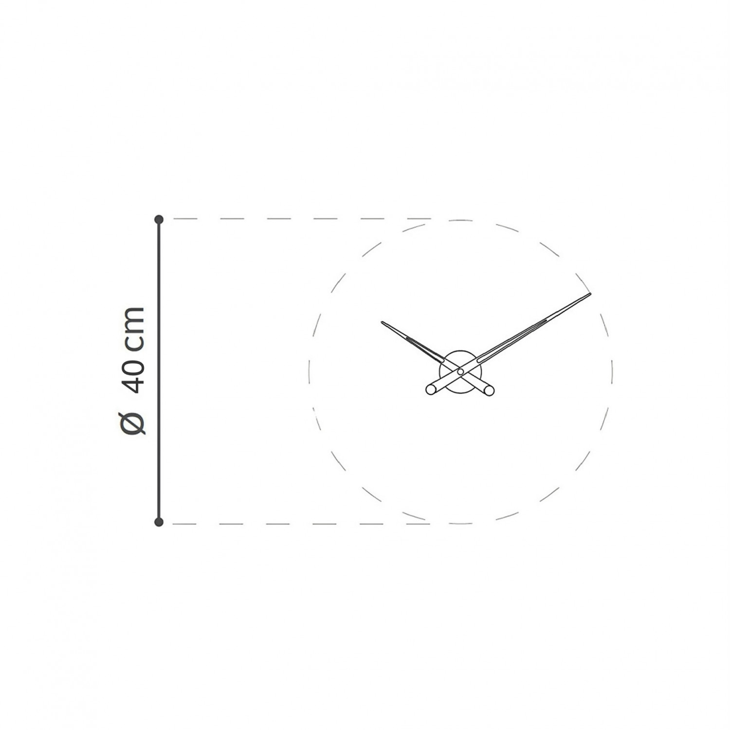 Strichzeichnung einer Uhr mit gestrichelten Linien und dem Durchmesser von 40 cm.