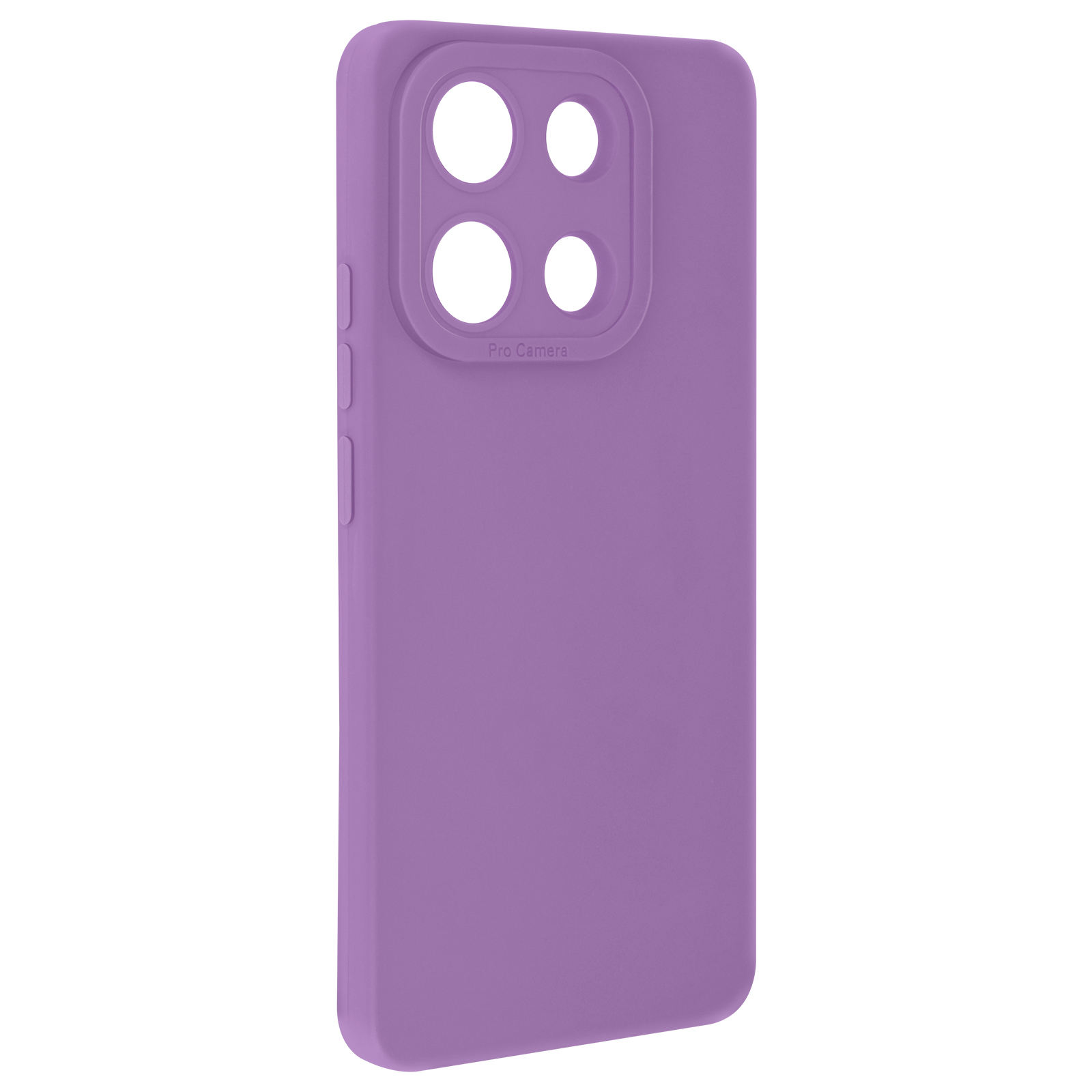 Custodia viola per telefono con quattro fori per la fotocamera. La custodia è liscia e ha un'etichetta Pro Camera.
