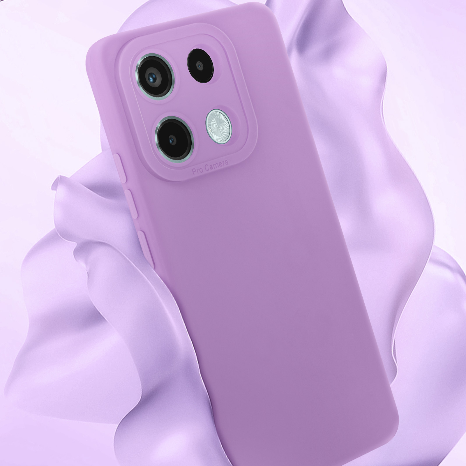 Custodia per telefono viola con lenti della fotocamera, su una superficie di tessuto viola.