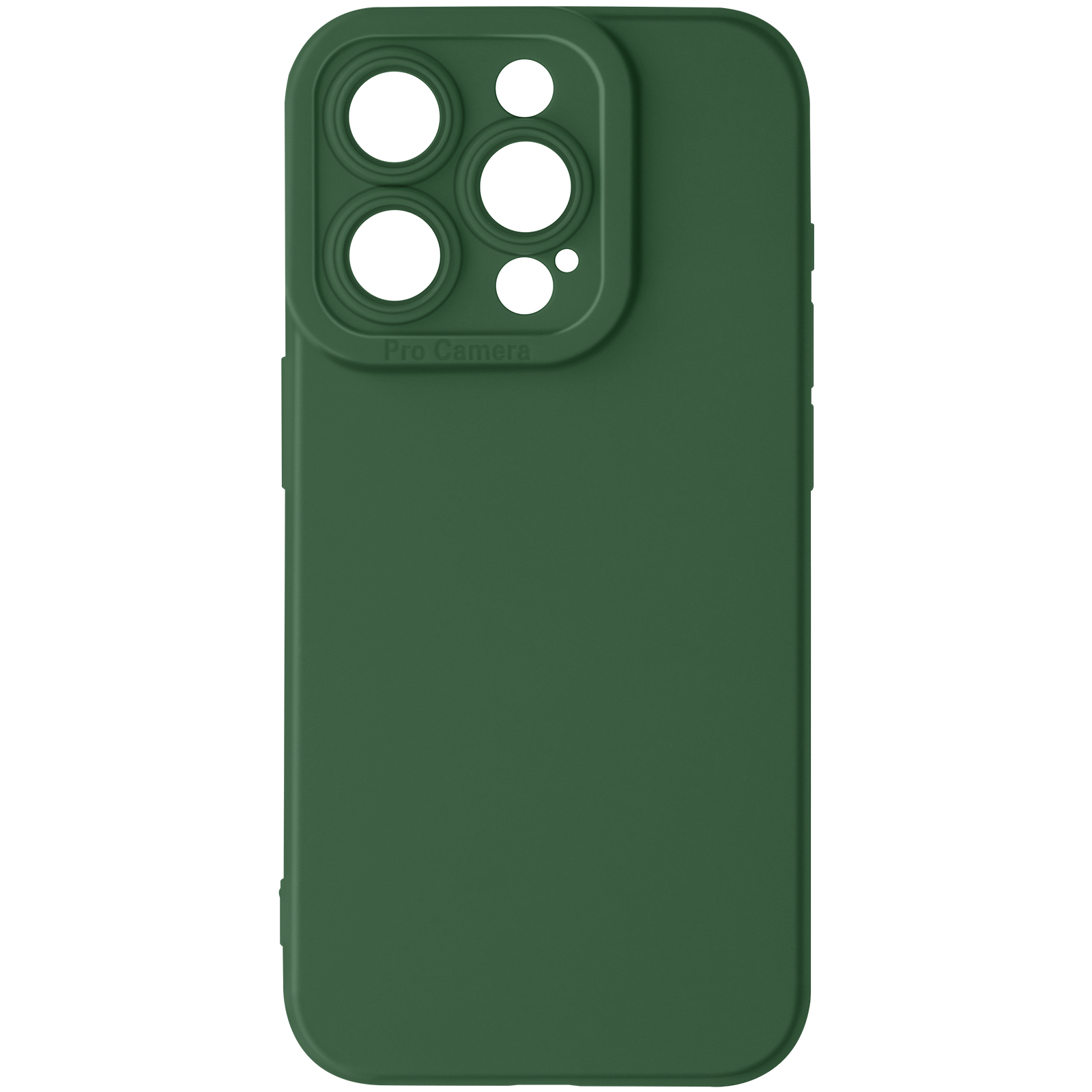 Una custodia per telefono verde con 3 ritagli per fotocamera. La custodia ha una superficie liscia ed è su sfondo bianco.