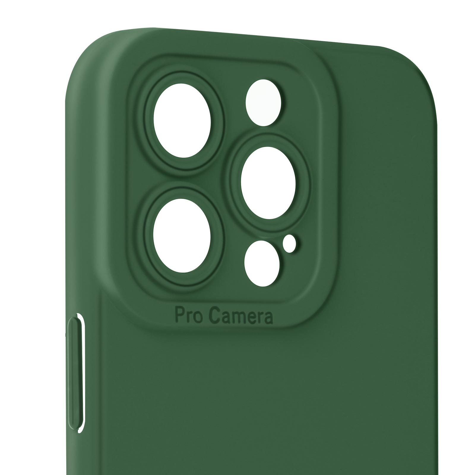Primo piano di una custodia per telefono verde scuro, con fori per la fotocamera e scritta "Pro Camera".