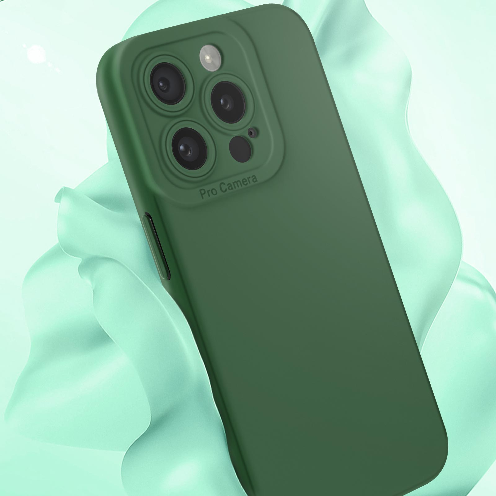 Custodia verde per telefono con lenti, sfondo verde.