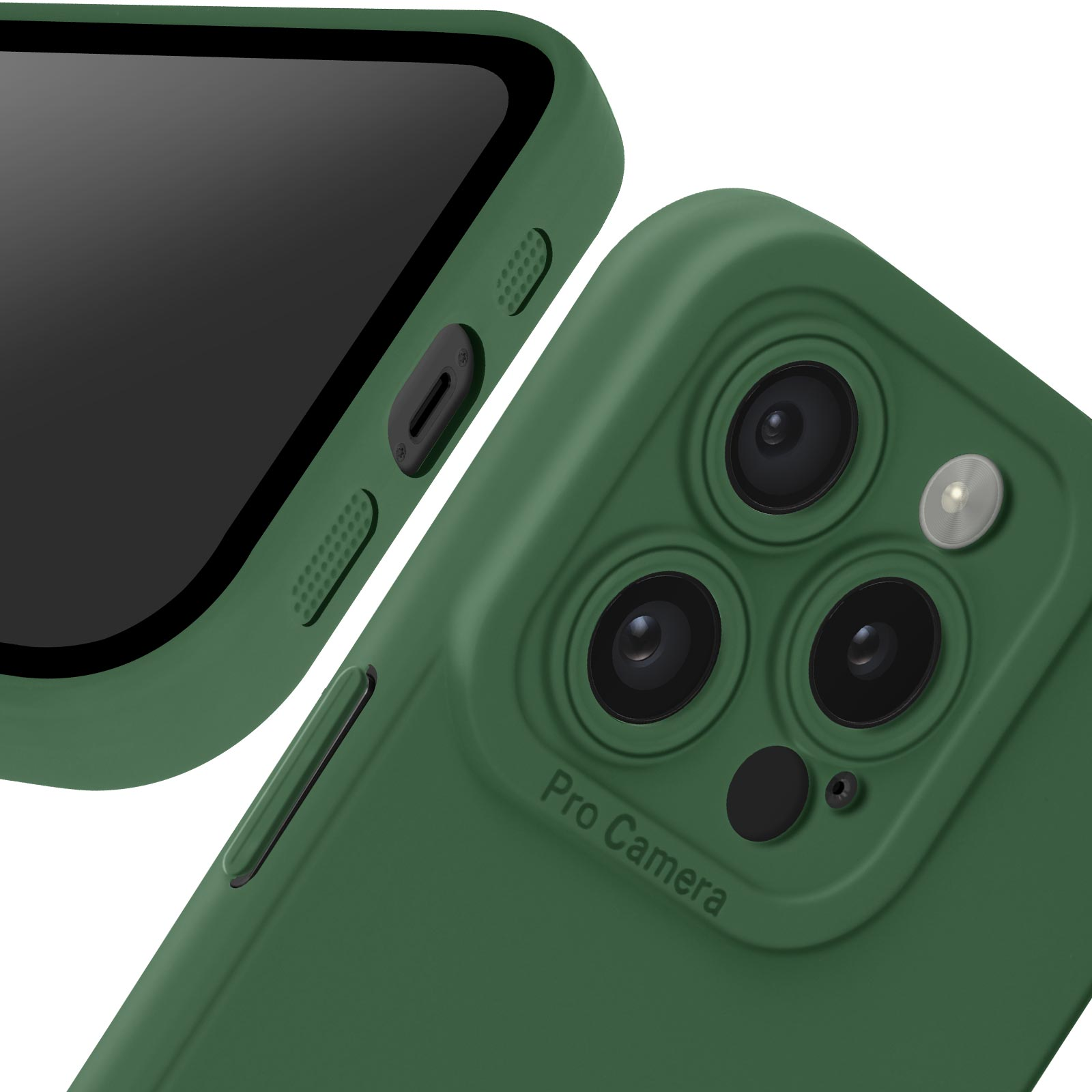 Custodia verde per telefono, primo piano della sezione fotocamera e pulsanti laterali. Schermo nero visibile.