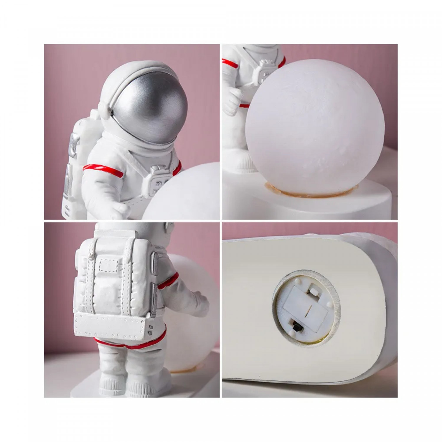 Vier Bilder einer Astronautenfigur, die einen Mond hält und auf einer Basis steht.