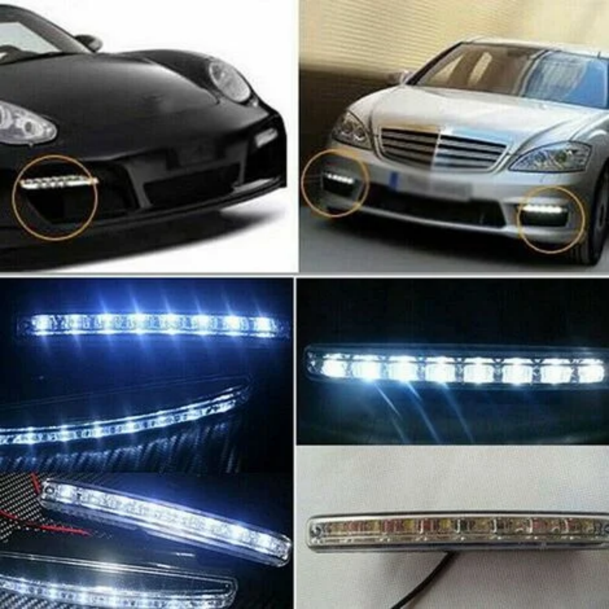 Mehrere Bilder zeigen weiße LED-Leuchten an Autos, die Helligkeit und Platzierung hervorheben.