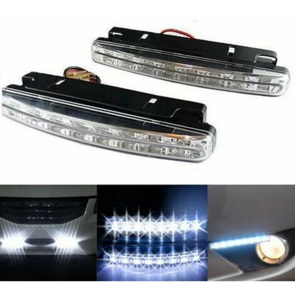 Zwei Autolampen. Sie sind schwarz mit mehreren weißen Lichtern, und die Lichter sind an.