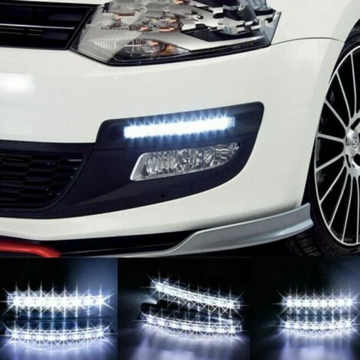Die Front eines Autos mit LED-Leuchten. Die Leuchten sind weiß und im Nebelscheinwerferbereich installiert.