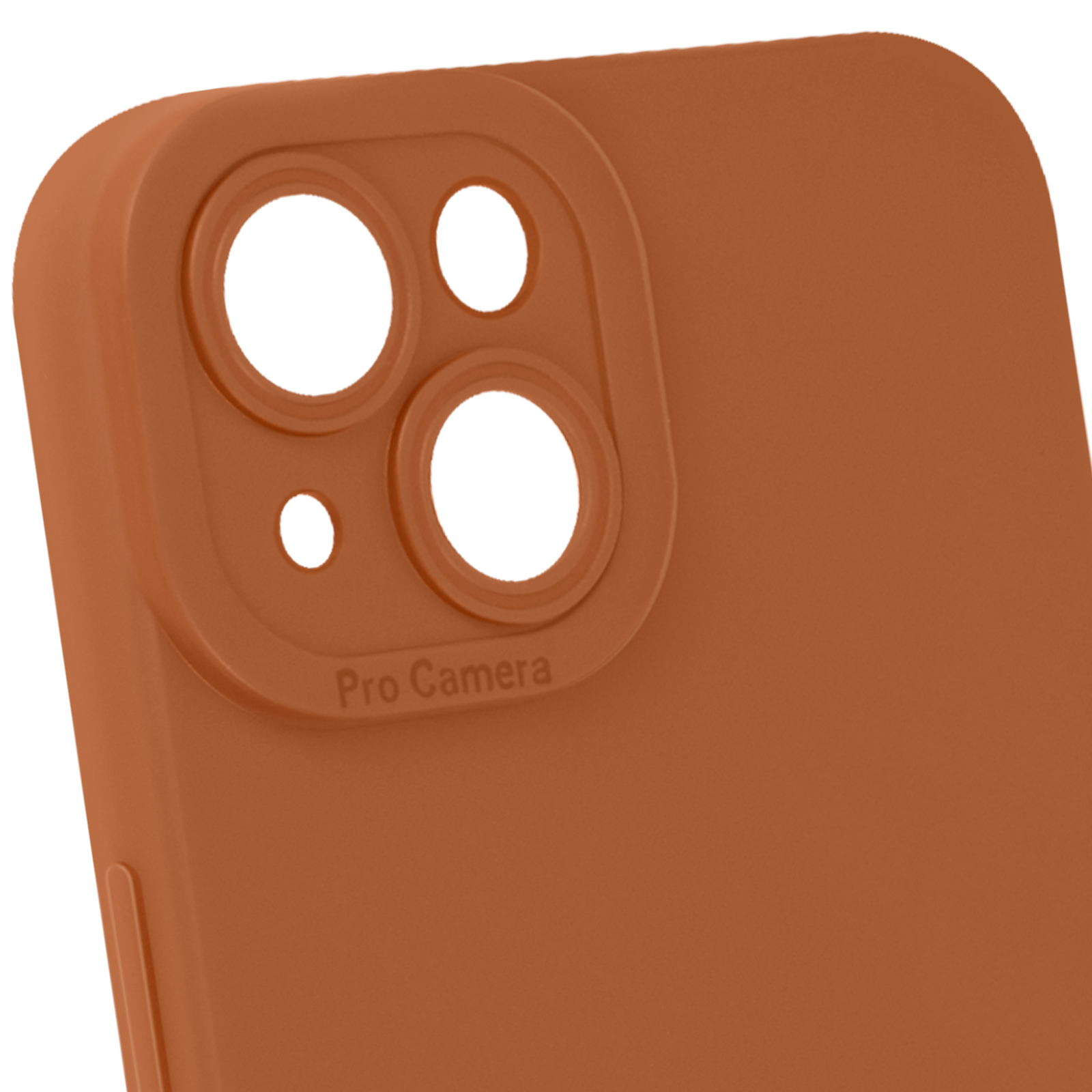 Primo piano di una custodia per telefono marrone con tre fori per fotocamera e uno piccolo.