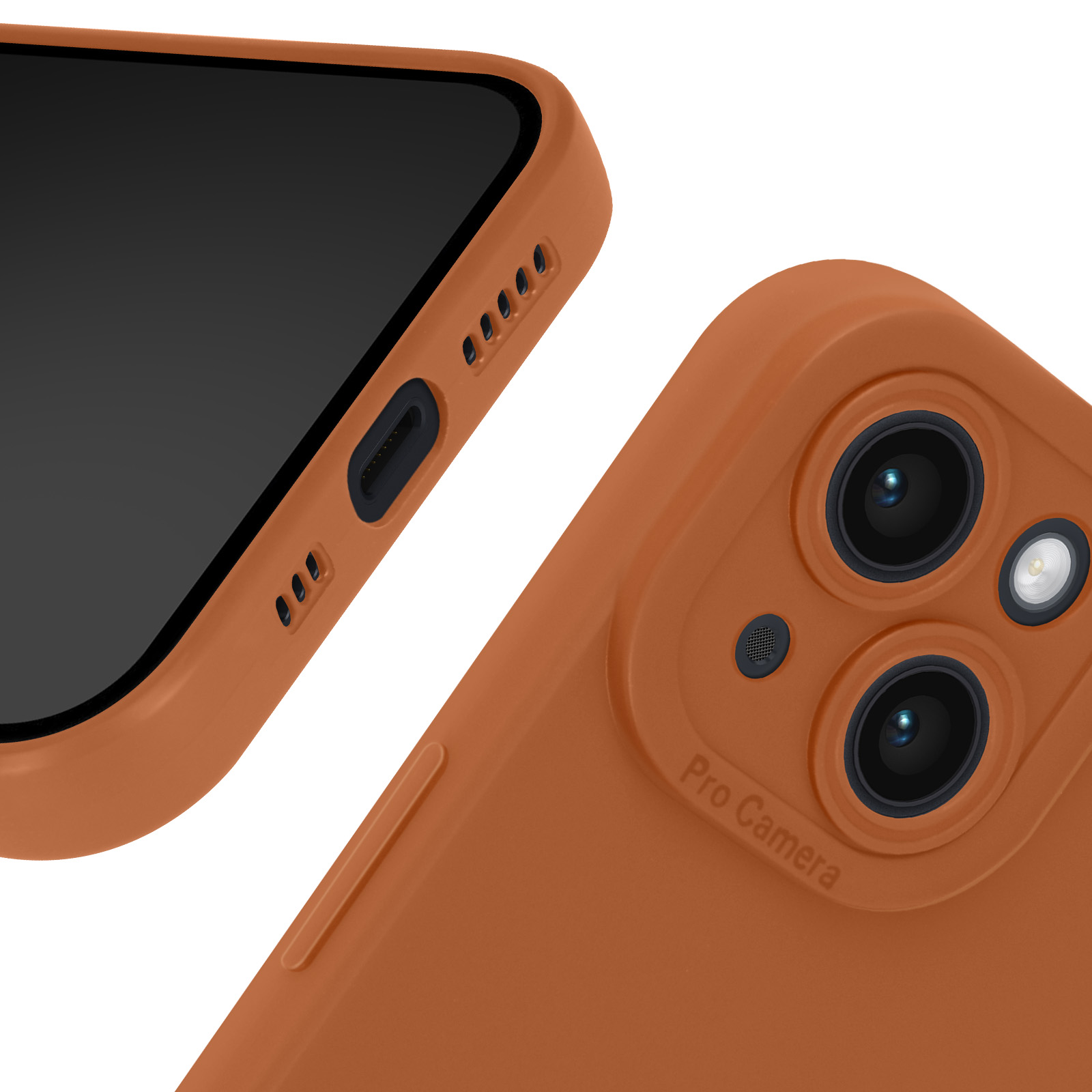 Primo piano di una custodia per telefono con ritaglio per la fotocamera. La custodia è arancione, l'obiettivo è visibile.