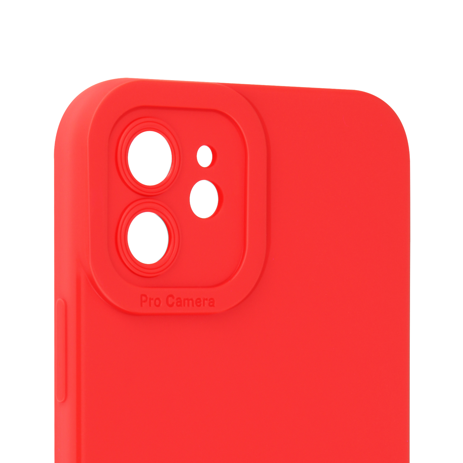 Una custodia per telefono rossa con tre fori per la fotocamera e le parole 'Pro Camera'.