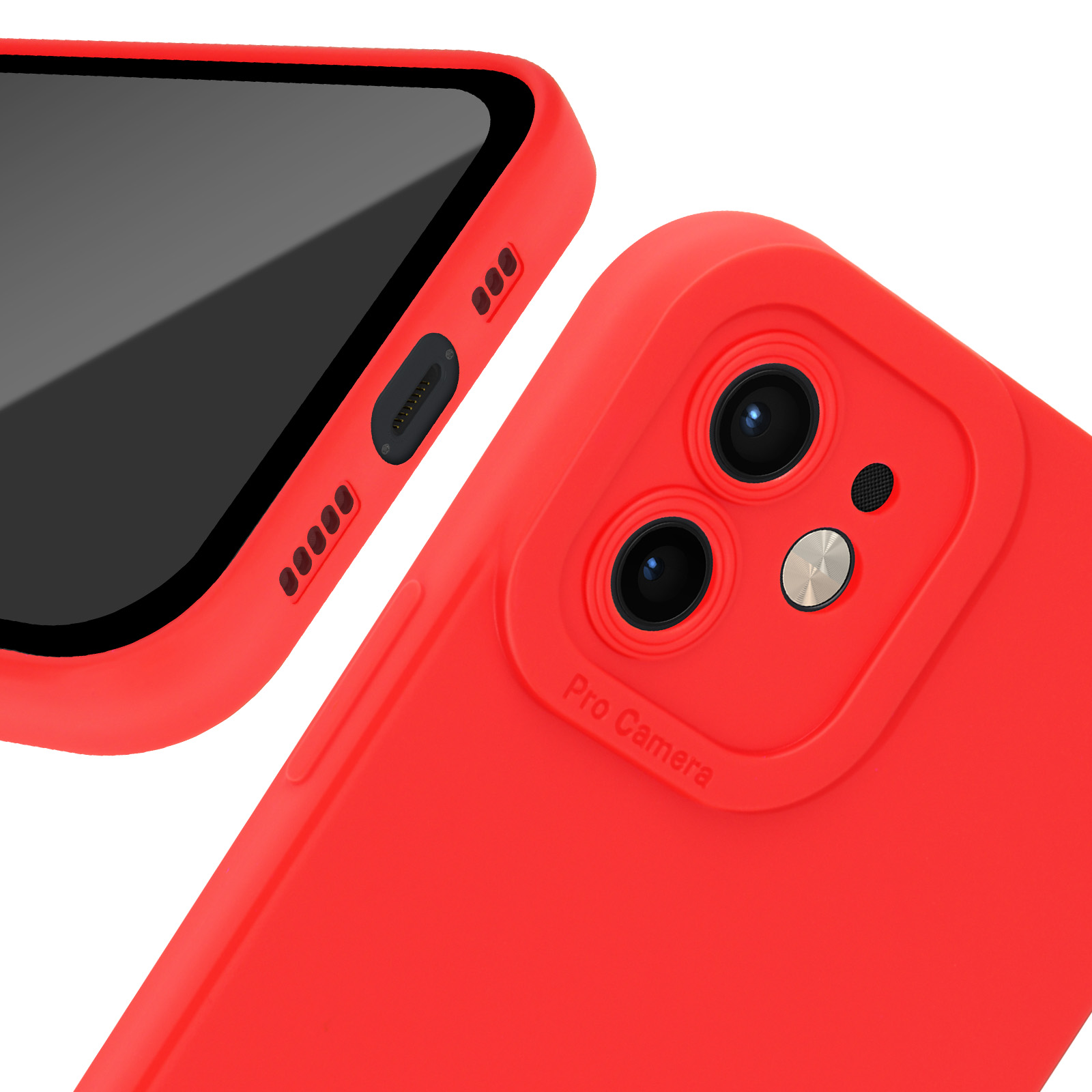 Primo piano di una custodia rossa per telefono con lenti della fotocamera e schermo nero.