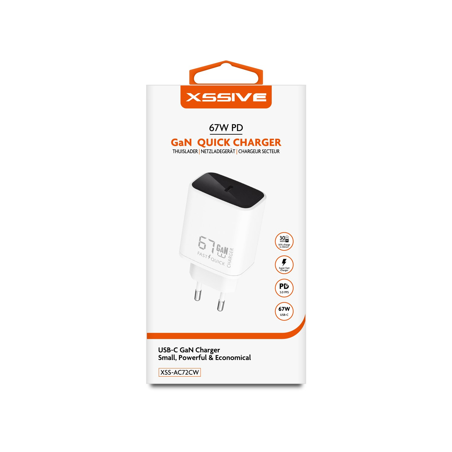 Weißes Ladegerät mit schwarzem Stecker in einer Box. Text: 67W PD GaN Schnellladegerät.