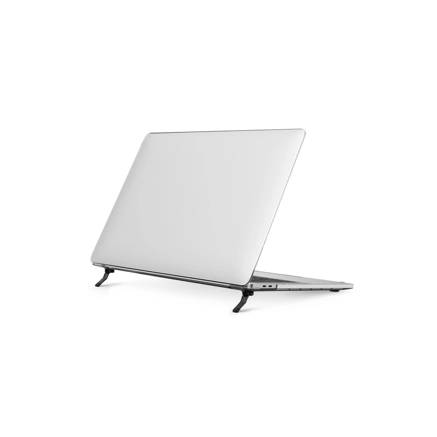 Ein Laptop auf einem Ständer. Der Laptop ist geöffnet, und der Ständer ist angewinkelt, um den Laptop zu halten.