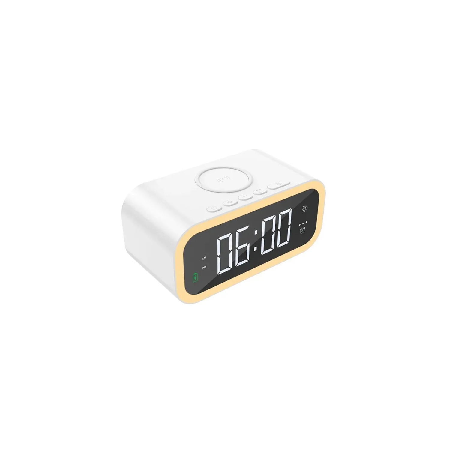 Ein weißer Wecker, der 6:00 Uhr anzeigt. Er hat eine beleuchtete Anzeige und Knöpfe.