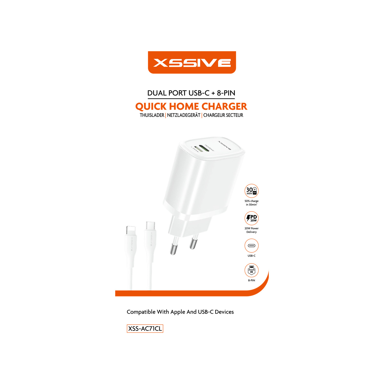 Weißes USB-Ladegerät mit zwei Anschlüssen und 8-polig. Inklusive Kabel und Logo mit Text.