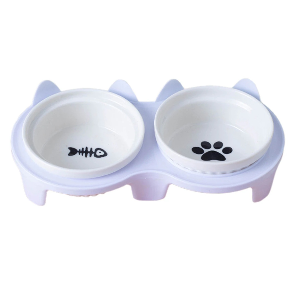 Weiße Katzennäpfe mit Katzenohren-Design. Eine Schale hat ein Fischsymbol, die andere einen Pfotenabdruck.