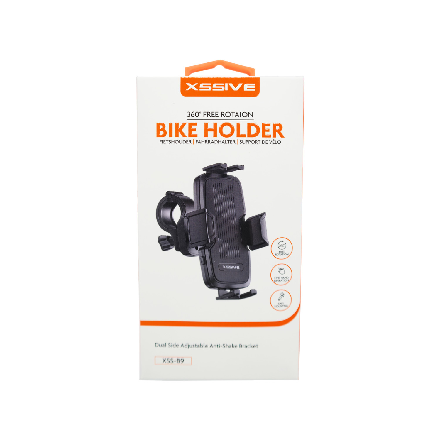 Fahrradhalterung-Verpackung. Schwarzer Telefonhalter mit weißer Box und Text. Der Halter ist montiert.