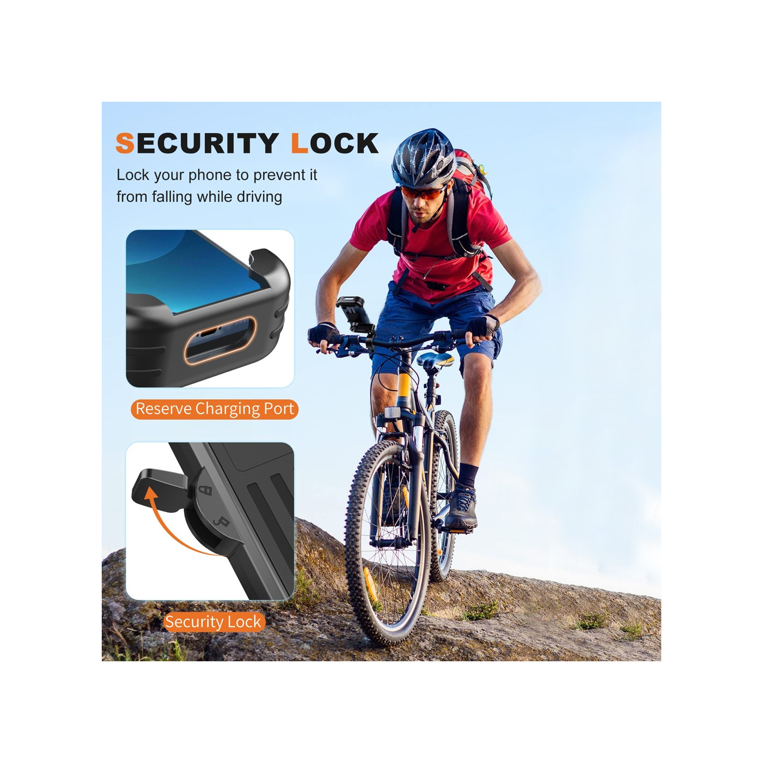 Radfahrer auf Mountainbike mit Sicherheitsschloss für Telefon. Bild zeigt Details von Handyhülle & Ladeanschluss.