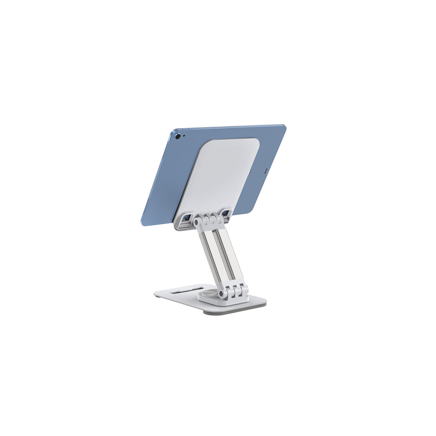 Tablet auf verstellbarem Ständer. Silber und blau. Weißer Hintergrund.