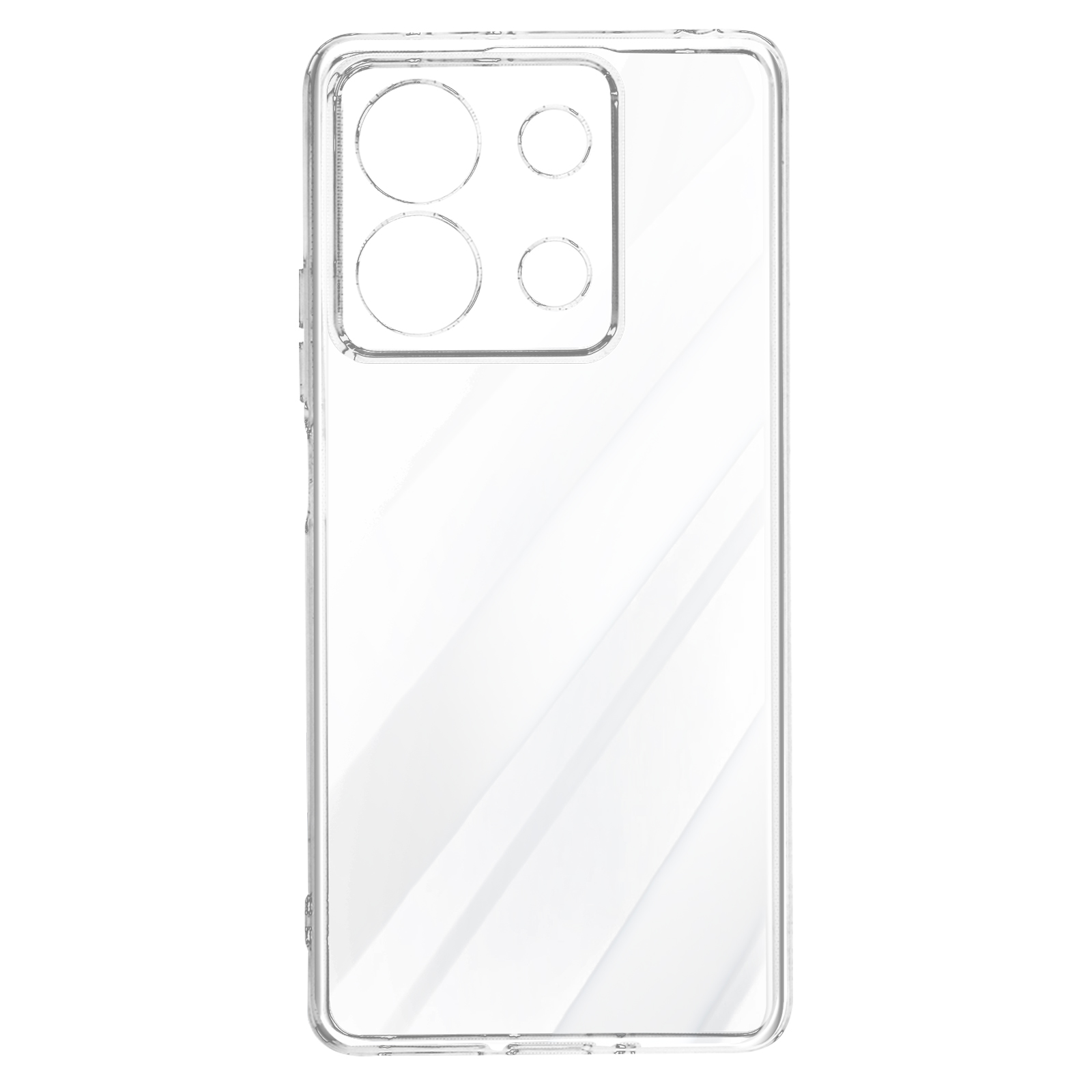 Custodia trasparente per telefono. Ha ritagli per fotocamera e pulsanti.