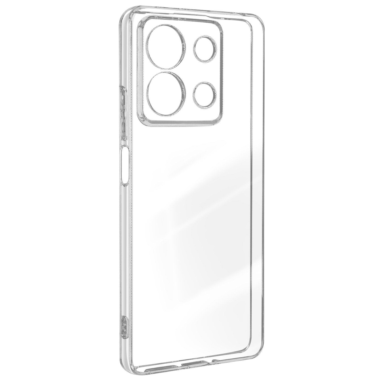 Custodia trasparente per telefono che mostra il retro. Ha fori per la fotocamera e i pulsanti.