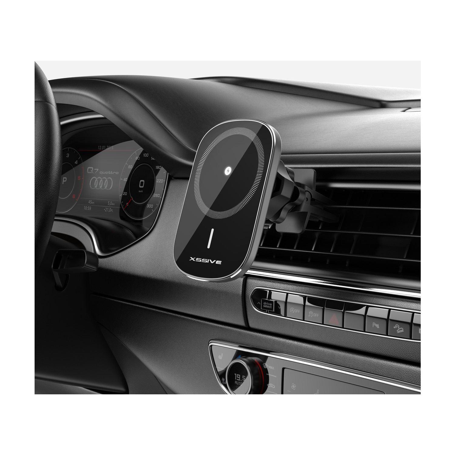 Ein schwarzes, kabelloses Ladegerät im Auto, an einer Lüftungsöffnung befestigt. Der Innenraum ist sichtbar.
