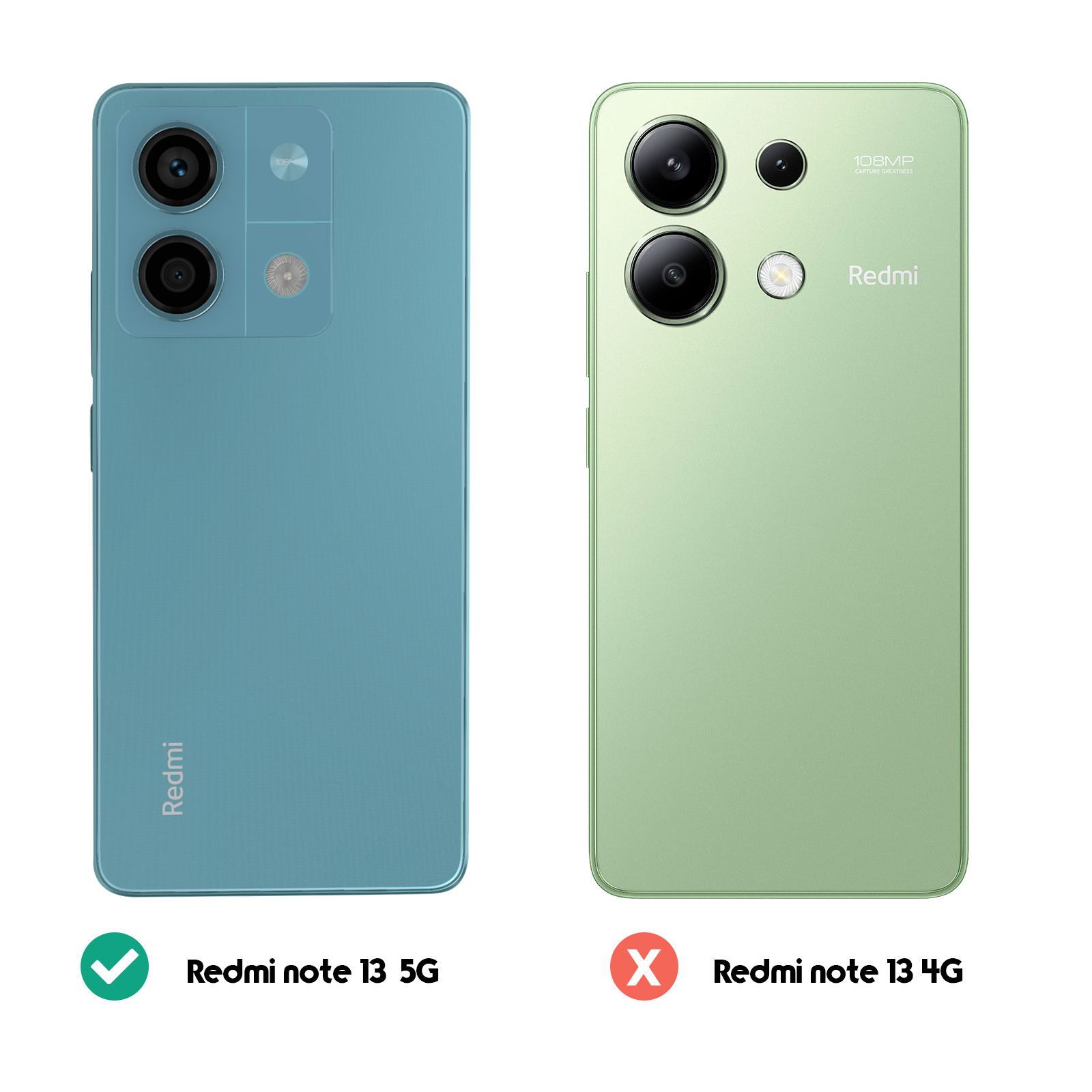 Due telefoni: Redmi Note 13 5G verde acqua e Redmi Note 13 4G verde. Il 5G è corretto.
