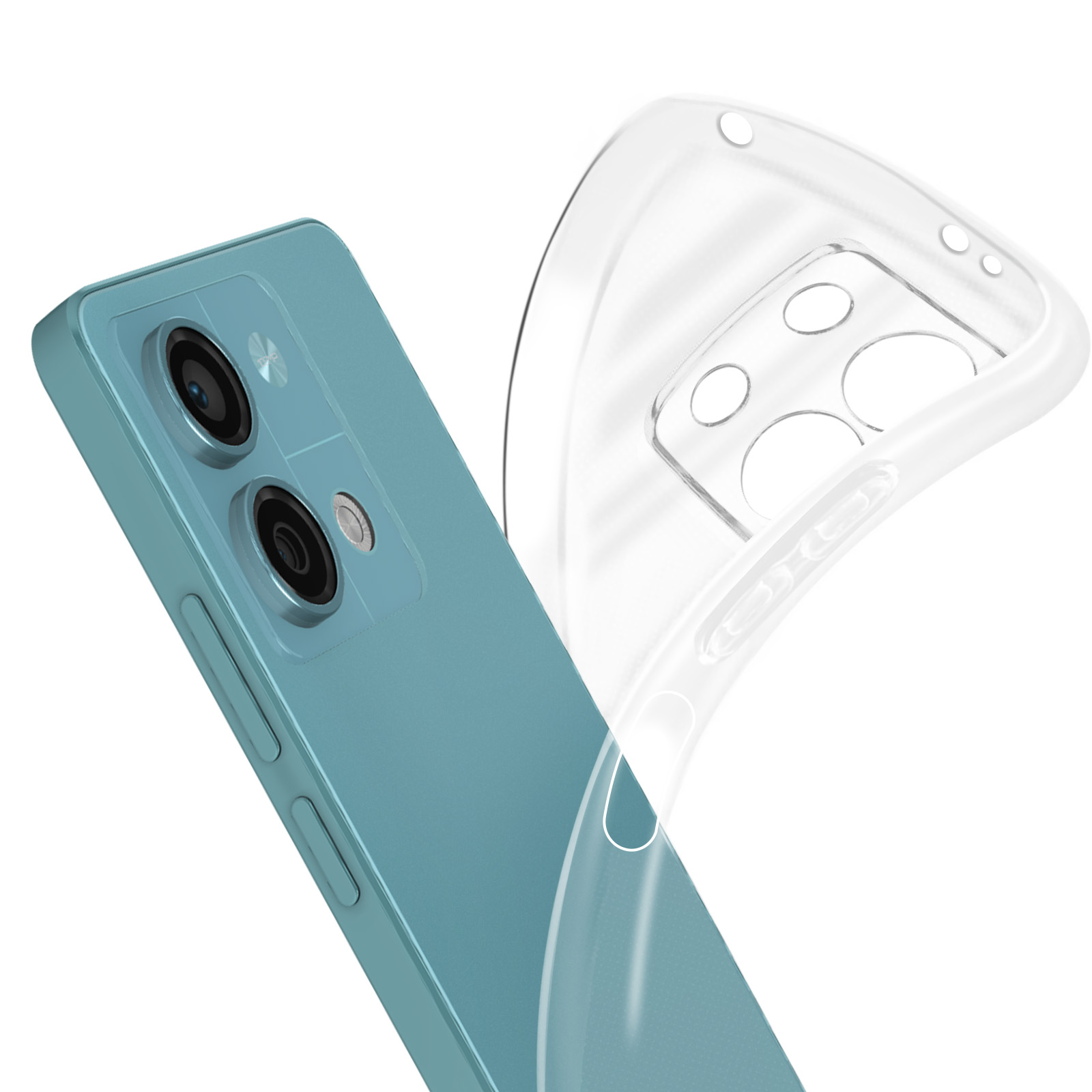 Telefono blu con custodia trasparente. Il telefono è su sfondo bianco.