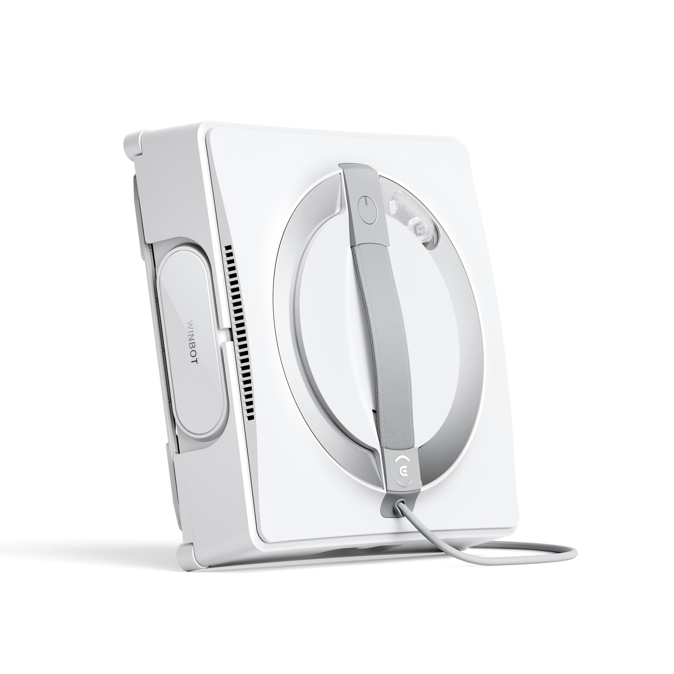 Biały, kwadratowy robot do czyszczenia okien z szarym uchwytem. Posiada przewód zasilający.