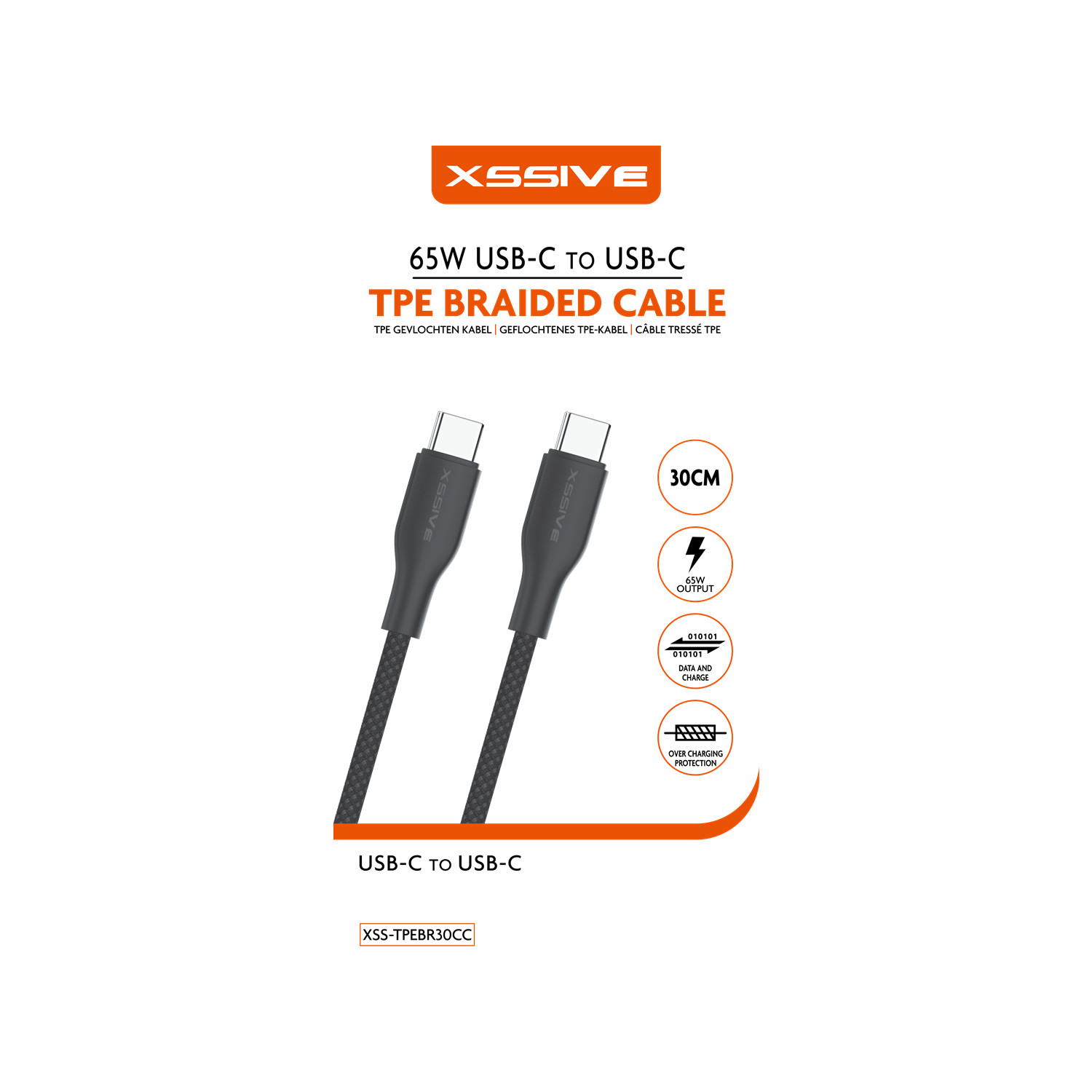 Bild zeigt ein schwarzes USB-C-zu-USB-C-geflochtenes Kabel mit Text und Verpackung.