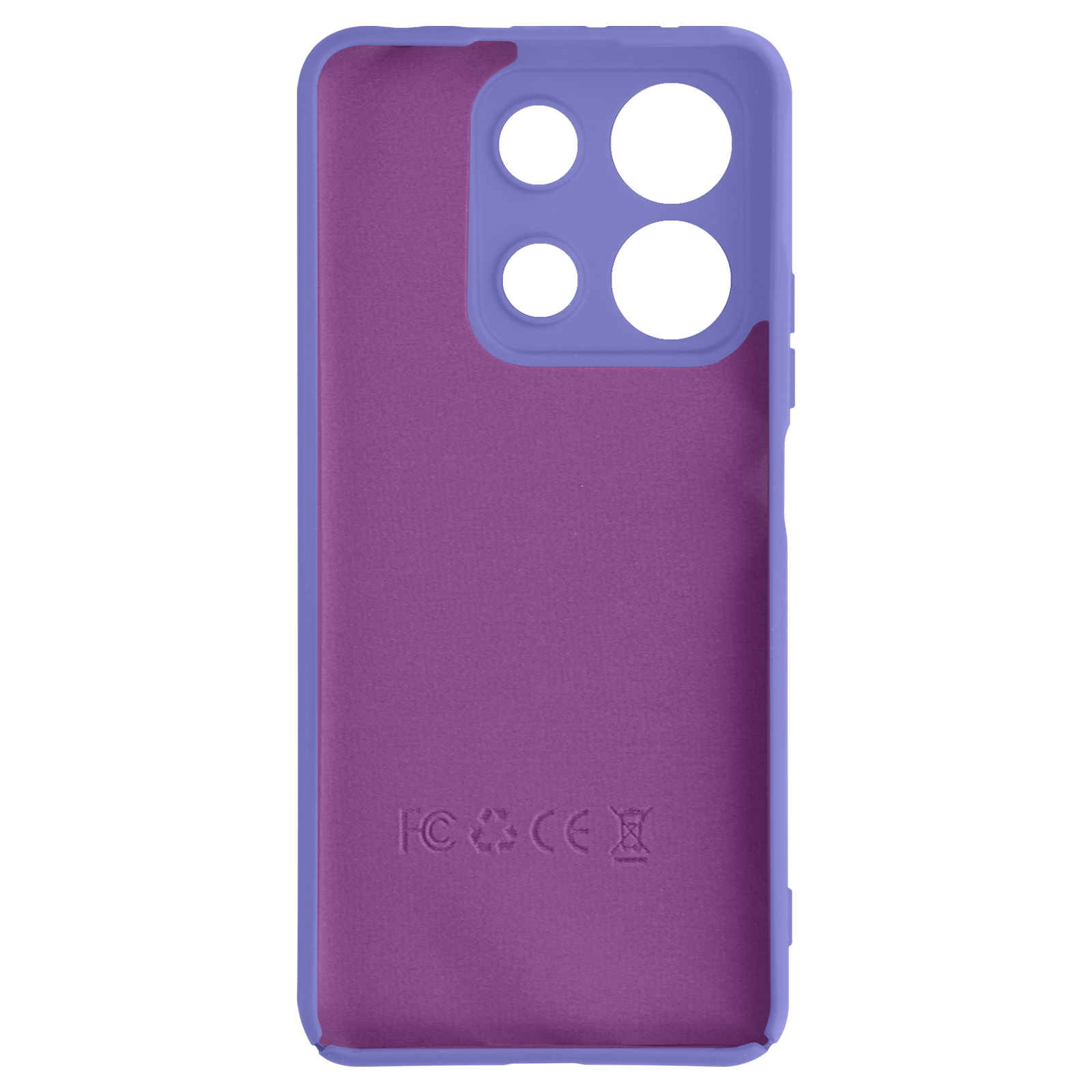 Custodia per telefono viola, con ritaglio per fotocamera viola, su sfondo bianco.