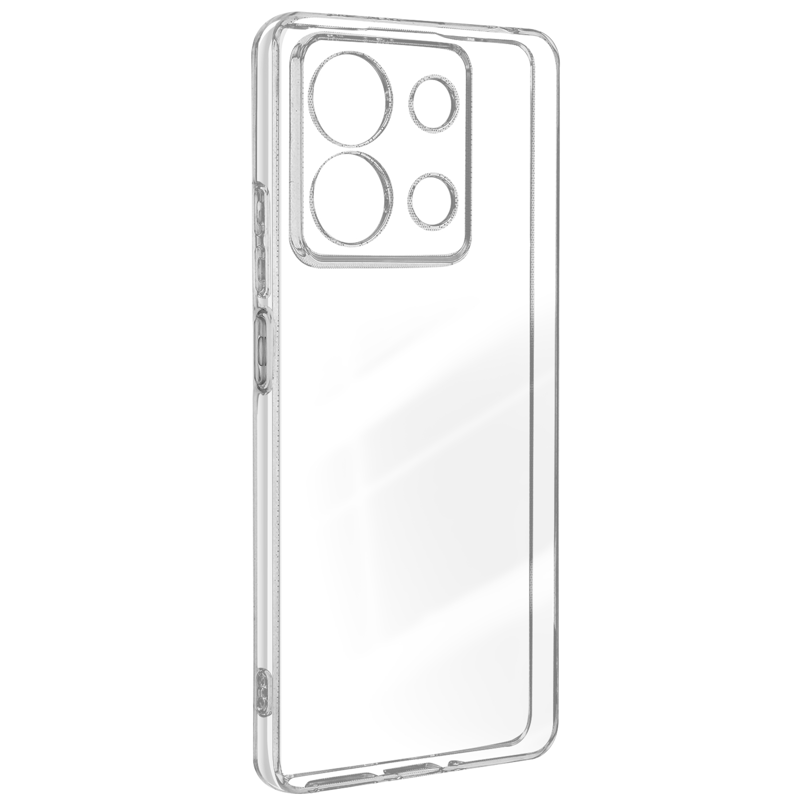 Una custodia trasparente per telefono, che mostra i ritagli della fotocamera e il contorno del telefono.