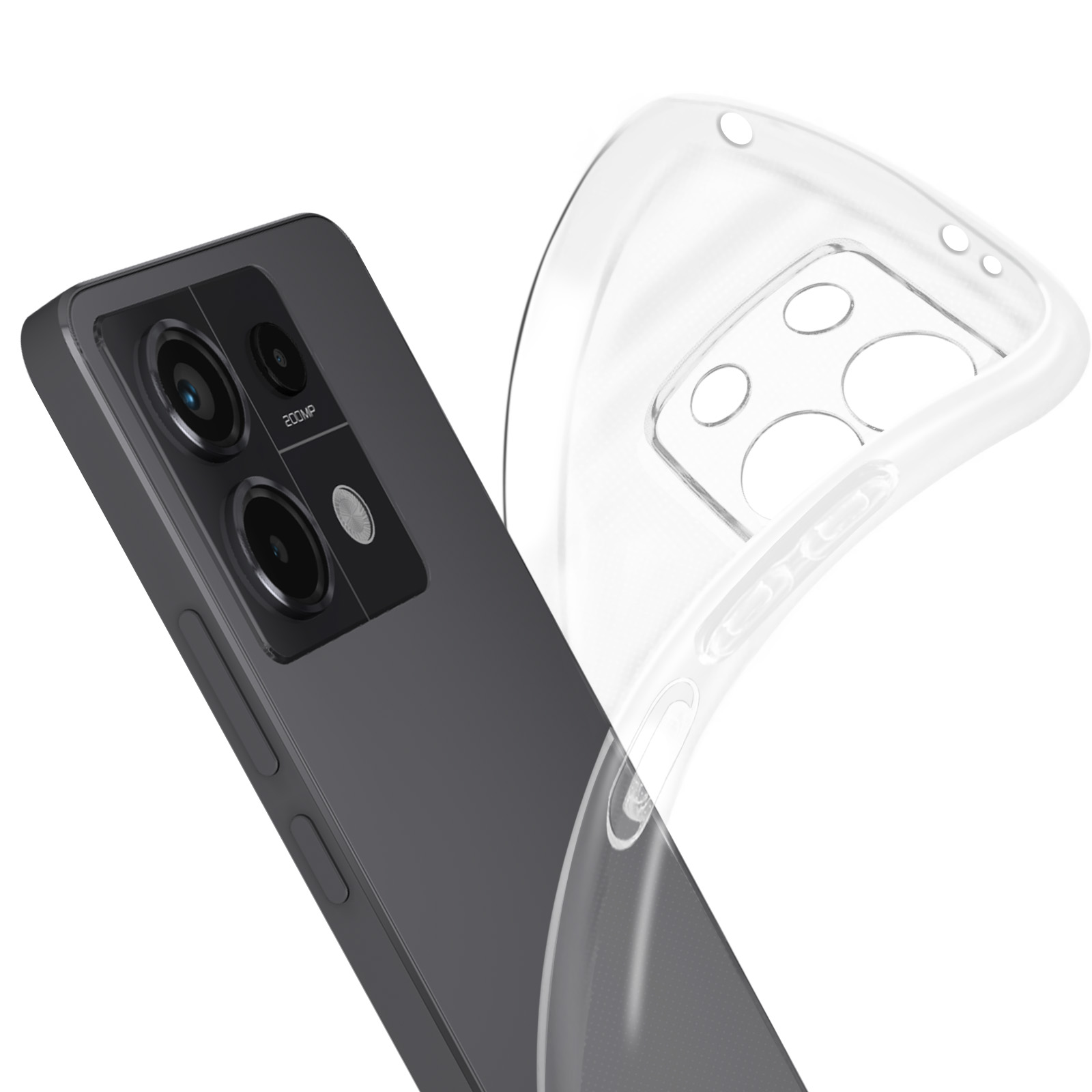 Uno smartphone nero con una custodia protettiva è mostrato da un'angolazione. La custodia è trasparente.