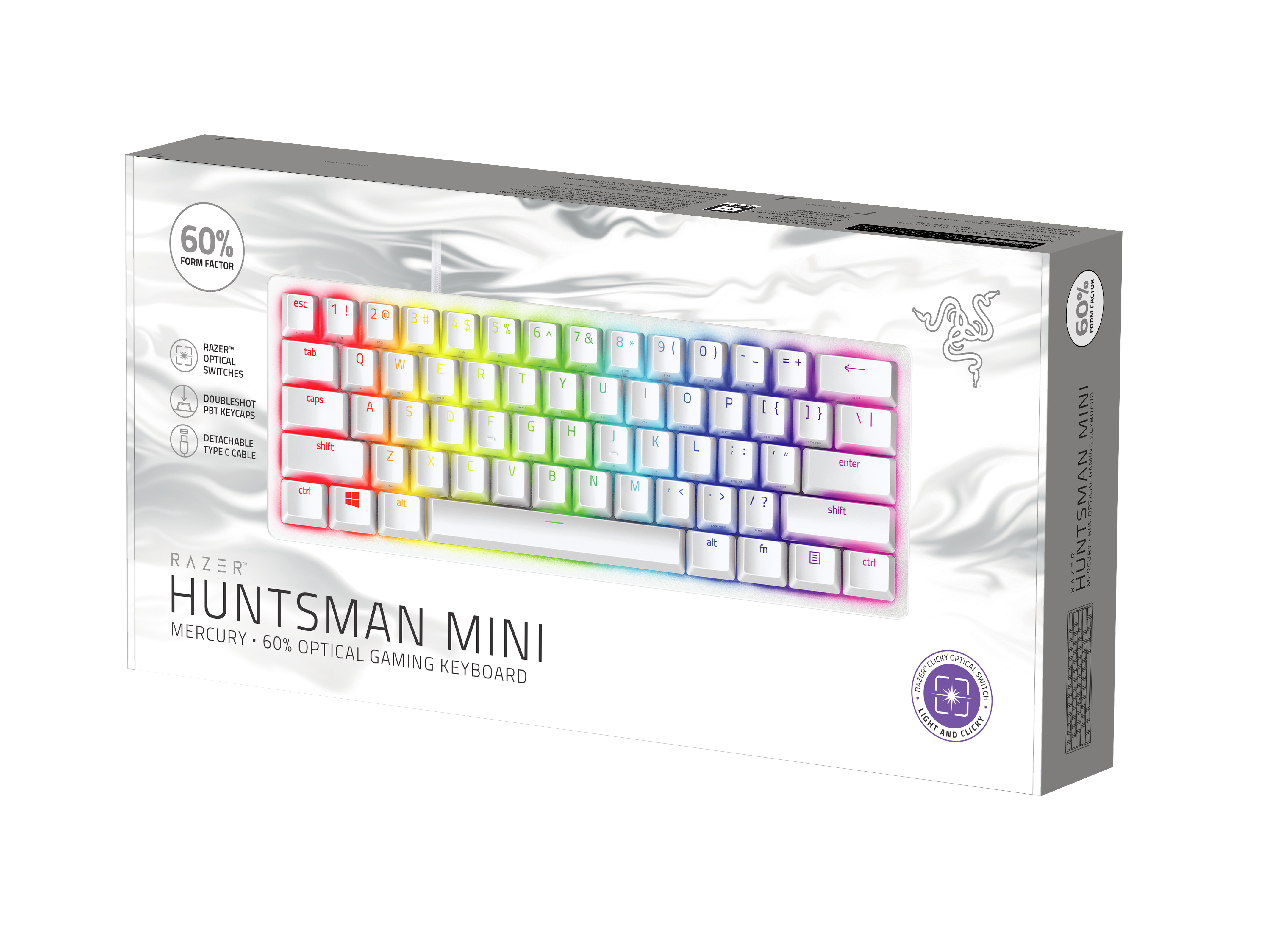 A white Razer Huntsman Mini keyboard with rainbow colored keys, in box.