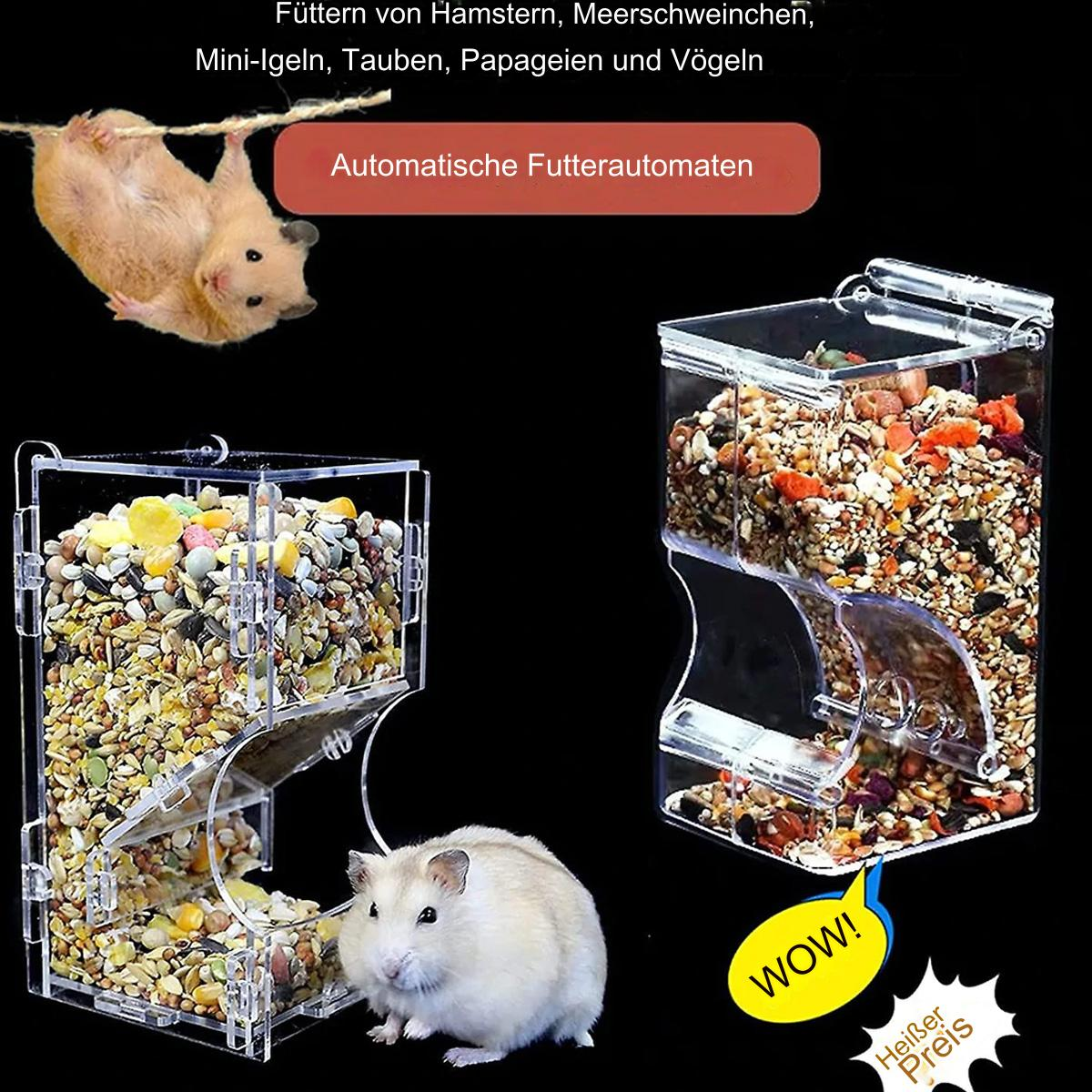 Hamsterfutterspender mit zwei Abschnitten, Futter, Hamster, Schild mit Text und zwei Hamstern.