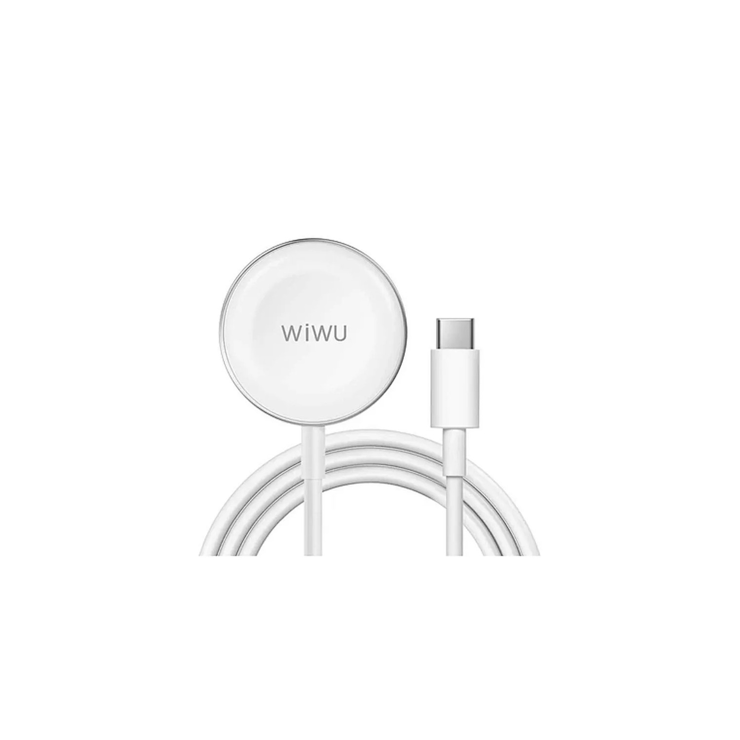 Weißes kabelloses WiWU-Ladegerät mit weißem Kabel und USB-C-Anschluss. Weißer Hintergrund.