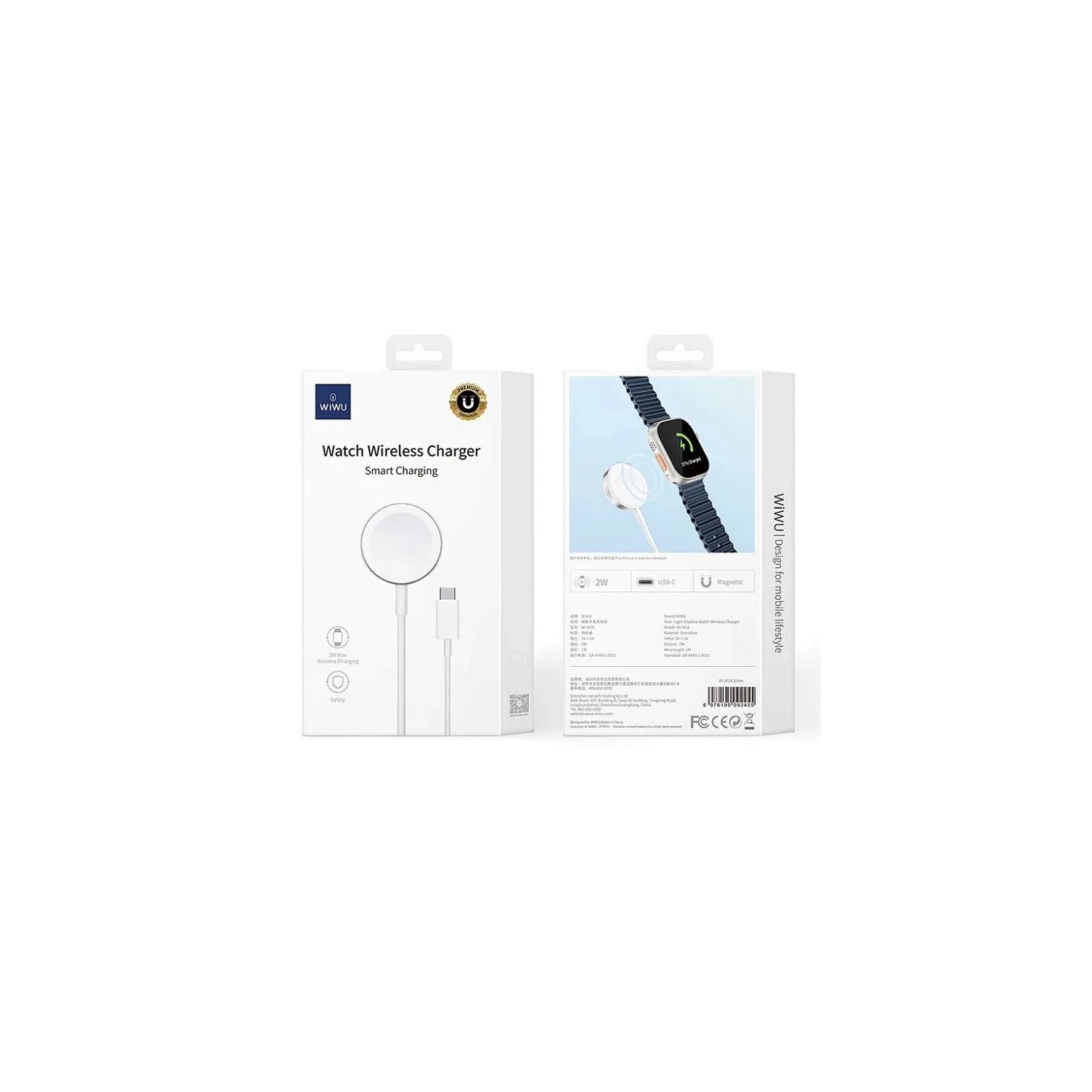 Kabellose Ladegerätbox und eine Uhr. Die Box zeigt das Ladegerät mit einem USB-C-Kabel und Produktdetails.