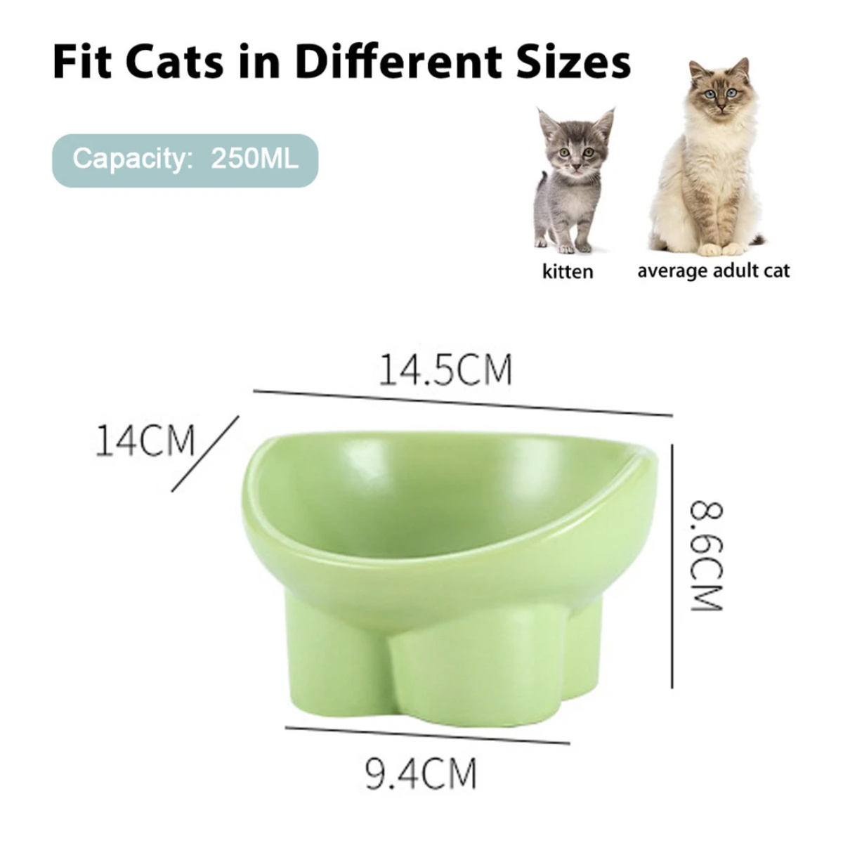 Eine grüne Katzenschale mit Abmessungen und einem Fassungsvermögen von 250 ml, mit Katzenbildern.