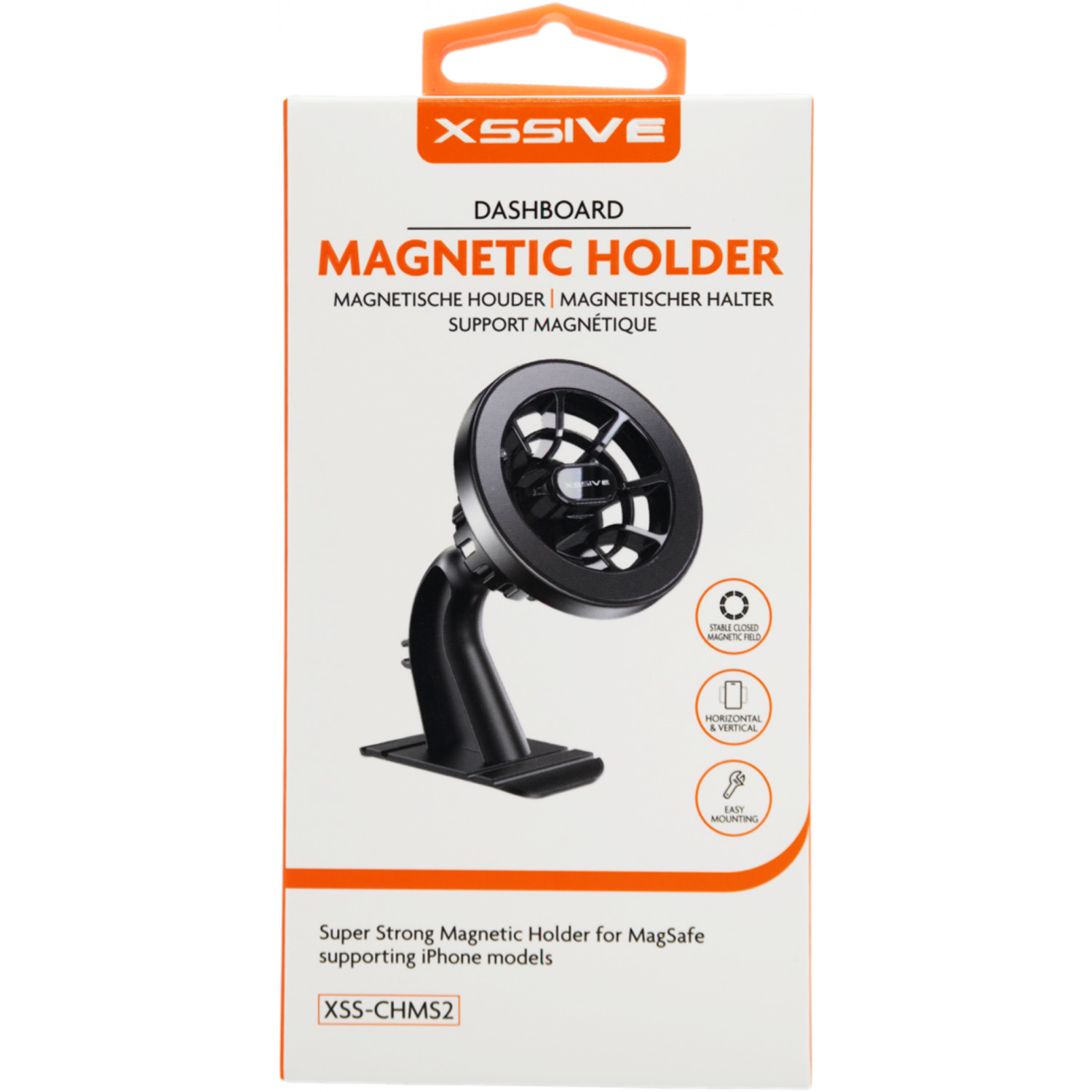 Verpackung für magnetische Telefonhalterung fürs Armaturenbrett. Schwarzer Halter, orangefarbener Rand.