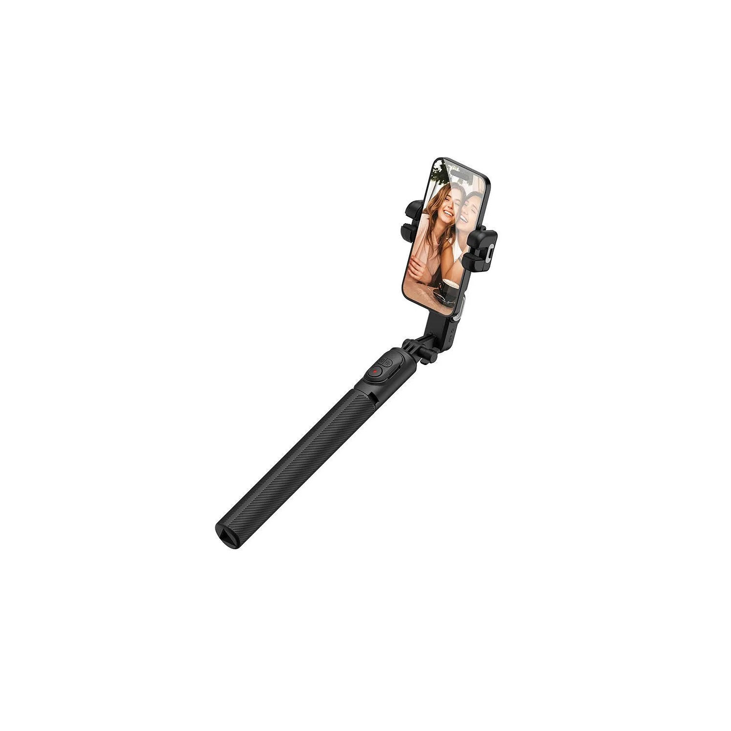 Ein schwarzer Selfie-Stick, der ein Telefon hält. Das Telefon zeigt ein Selfie von zwei Frauen.