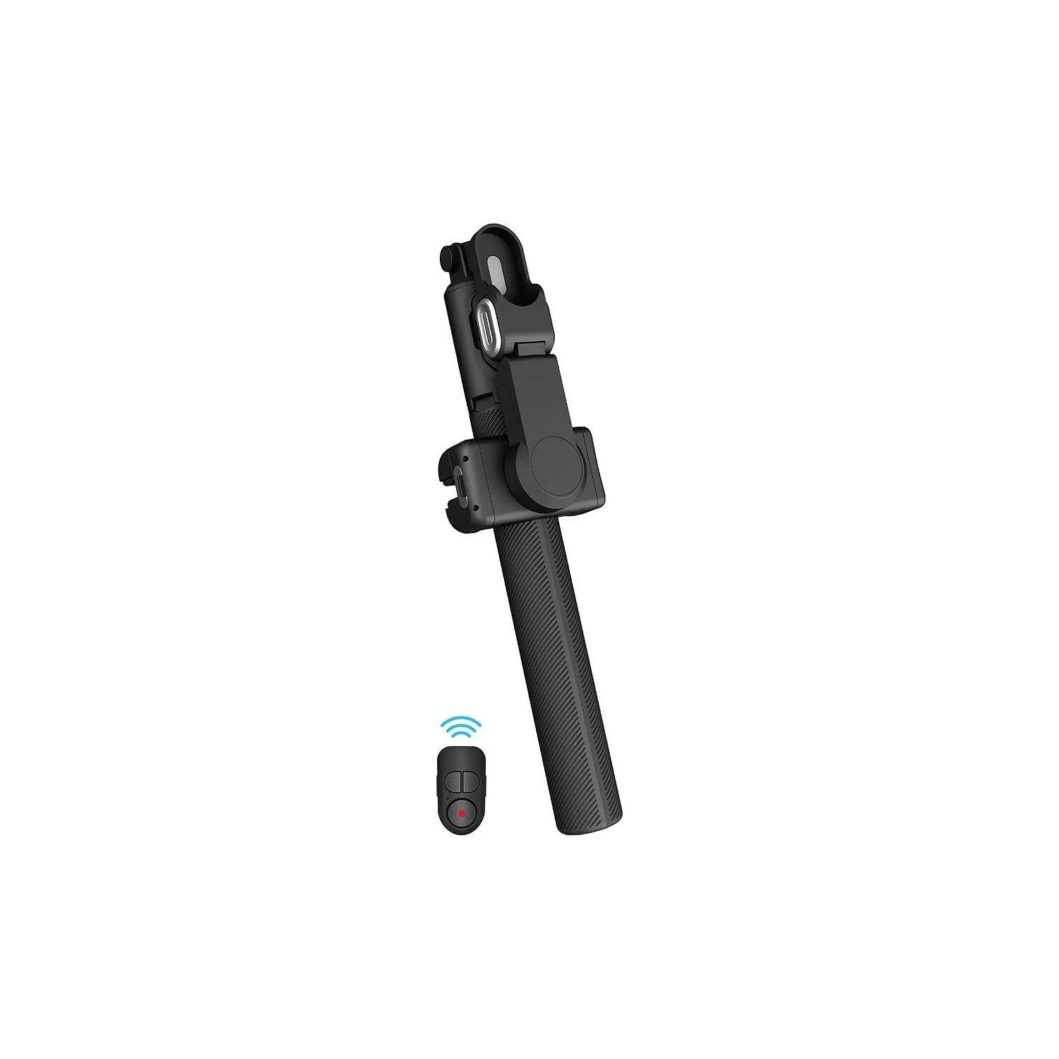 Schwarzer Selfie-Stick mit Fernbedienung. Er ist ausgezogen und auf weißem Hintergrund.