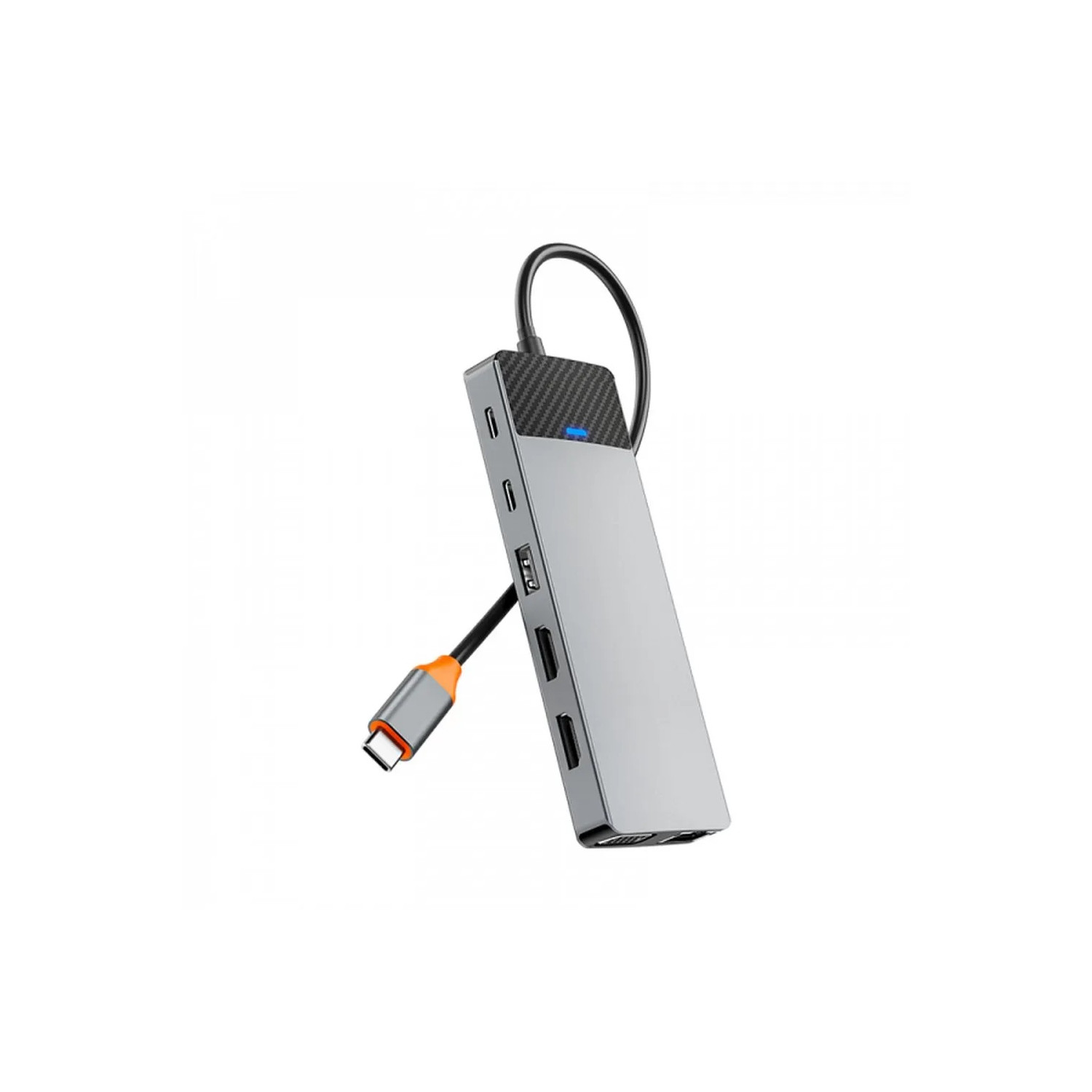 Silberner und grauer USB-Hub mit mehreren Anschlüssen, einem orangefarbenen Kabel und einer blauen Kontrollleuchte.