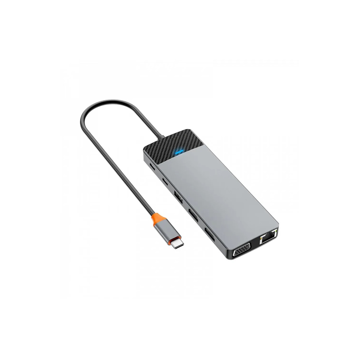 Ein grauer USB-C-Hub mit mehreren Anschlüssen und einem angeschlossenen Kabel.