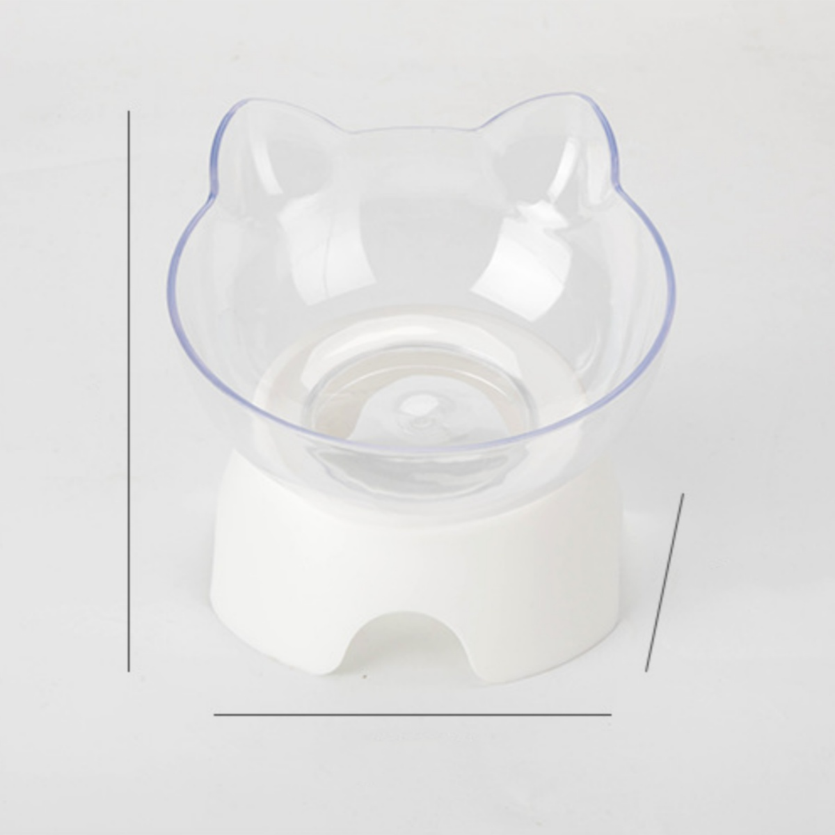 Eine weiße und transparente Katzenschüssel. Die Schüssel hat Katzenohren-Formen oben. Weißer Hintergrund.