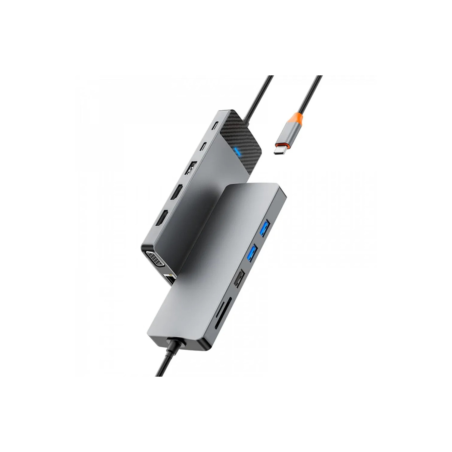 Silberner USB-C-Hub mit mehreren Anschlüssen. Enthält ein USB-C-Kabel und ein schwarzes Netzkabel.