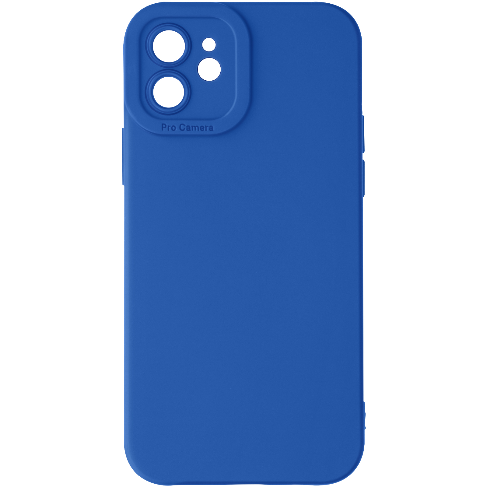 Una custodia blu per telefono con un ritaglio per l'obiettivo della fotocamera etichettato 'Pro Camera'.