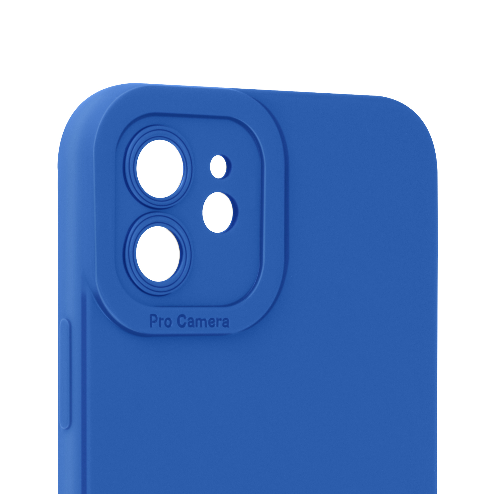 Custodia blu per telefono con fori per fotocamera. Testo "Pro Camera" visibile.
